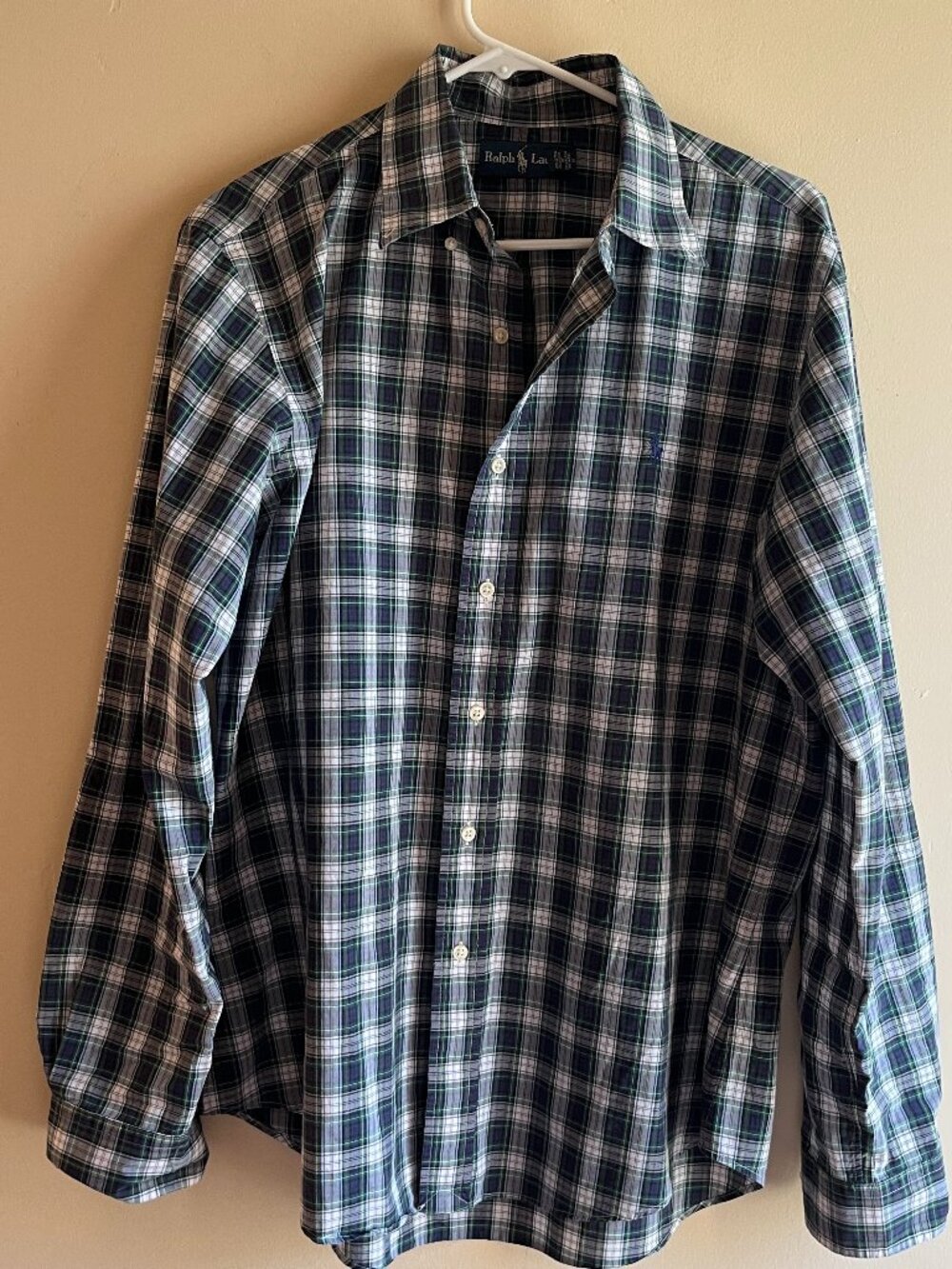Ralph Lauren classic fit cotton tartan green blue plaid dress shirt holiday